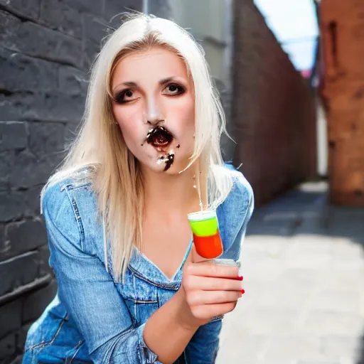 Image similar to close up photo of a fully clothed blonde model on her knees with yoghurt dripping from her face in an alley