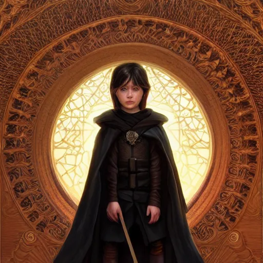 Image similar to perfectly - centered - portrait of a kid wearing black cloak holding wooden sword, intricate, highly detailed, digital painting, artstation, concept art, smooth, sharp focus, illustration, unreal engine 5, 8 k, art by artgerm and greg rutkowski and alphonse mucha