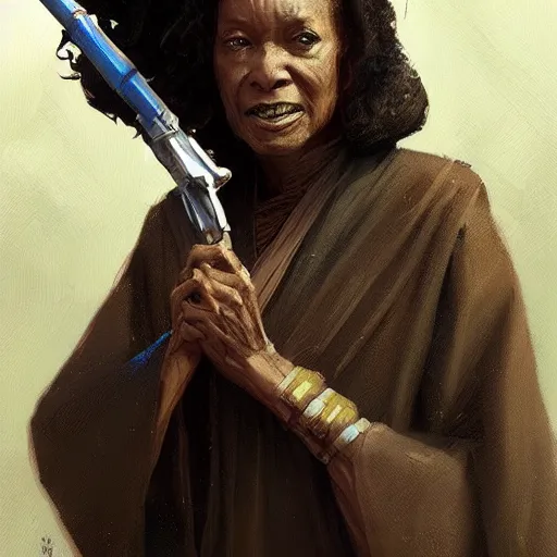 Image similar to portrait of a woman by greg rutkowski, old jedi master, afroamerican, wise, star wars expanded universe, she is about 7 0 years old, wearing jedi robes.