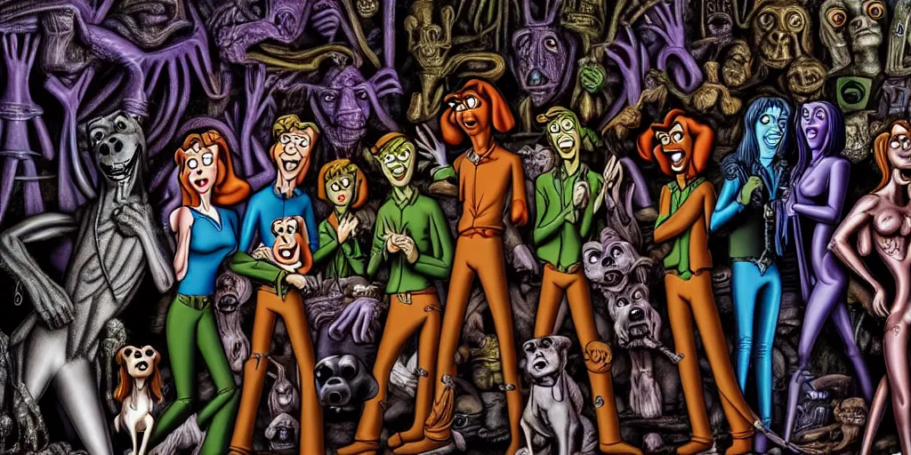 Prompt: scooby doo and the gang. detailed 8 k photograph by hans ruedi giger.