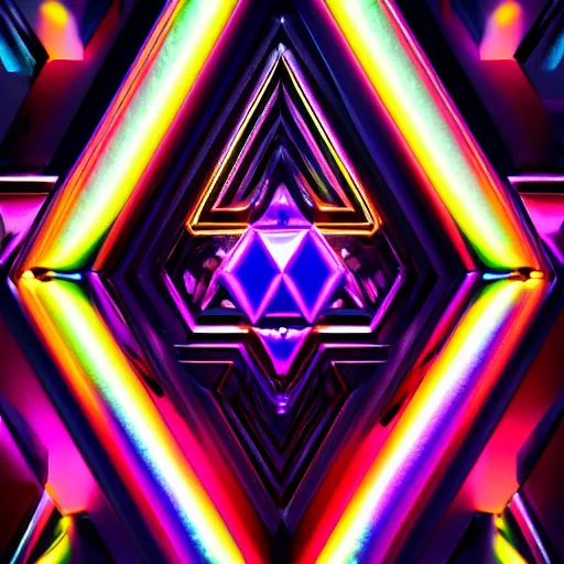 Image similar to chromatic triforce, glossy, metallic, neon, symmetrical, tribal patterns, realistic, unreal engine, octane redshift, artstation, behance