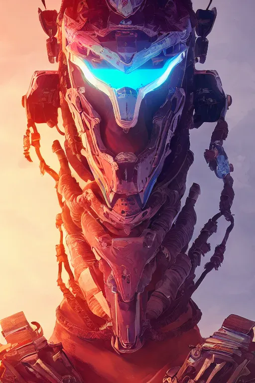 Image similar to combination suit armor aloy horizon forbidden west horizon zero dawn radiating a glowing aura global illumination ray tracing hdr fanart arstation by ian pesty and alena aenami artworks in 4 k tribal robot ninja mask helmet backpack