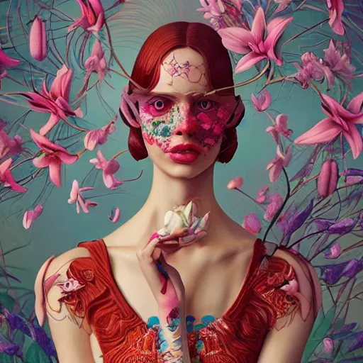 Image similar to pretty model with lilies : : by martine johanna and simon stalenhag and chie yoshii and casey weldon and wlop : : ornate, dynamic, particulate, rich colors, intricate, elegant, highly detailed, vogue, harper's bazaar art, fashion magazine, smooth, sharp focus, 8 k, octane render