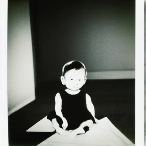 Image similar to a baby girl sitting in a living room designed by yohji yamamoto, polaroid