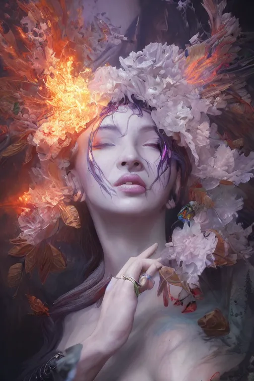 Image similar to face closeup of beautiful girl necromancer, witch - doctor exploding into flowers, angels, 3 d render, hyper - realistic detailed portrait, holding fire and electricity, leaves and magic, ruan jia, wlop. scifi, fantasy, magic the gathering, hyper detailed, octane render, concept art, peter mohrbacher