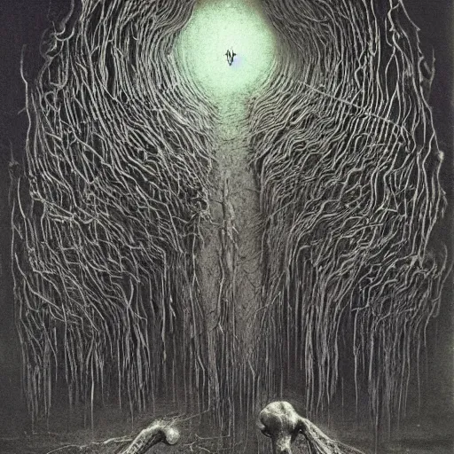 Prompt: merge skeletons in the hundeds reaching out the borken portal to hell, artwork by beksinski gammell mcfarlane giger realsistic horror, wispy prismatic neon ink horrors, fluorescent matte painting glow in the dark