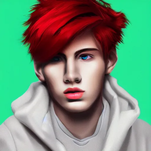 Image similar to digital art of a stylish young man with red hair and green cat - like eyes, popular, famous, attractive, high quality, highly detailed, hd, 4 k, 8 k,