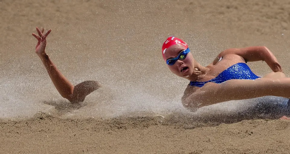 Image similar to olympic swimming in sand instead of water, extremely coherent, motion blur