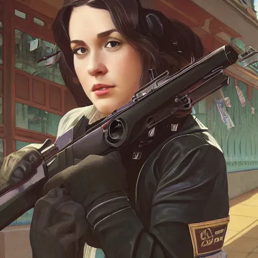 Image similar to Kyrsten Ritter as GTA V Art Cover, highly detailed, digital painting, artstation, concept art, smooth, sharp focus, illustration, ArtStation, art by artgerm and greg rutkowski and alphonse mucha and J. C. Leyendecker and Edmund Blair Leighton and Katsuhiro Otomo and Geof Darrow and Phil hale and Ashley wood and Ilya repin and Charlie Bowater