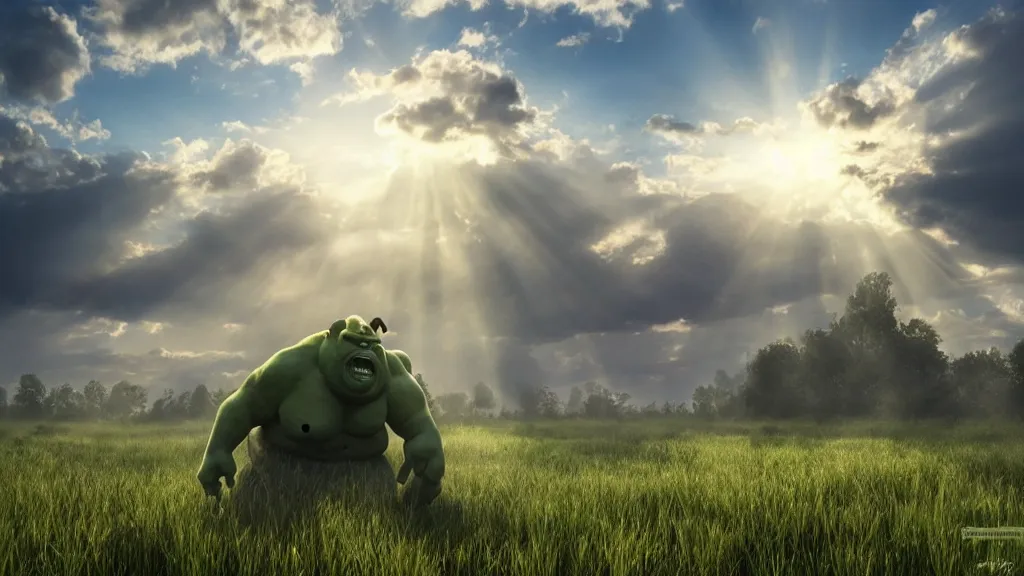 Prompt: a huge violent angry ogre stomps through a meadow, crepuscular rays, photorealistic