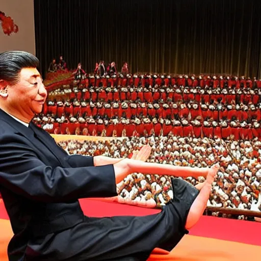 Image similar to Xi Jinping doing yoga on a theatre stage people clapping in front, in the style of Lucian Freud paintings