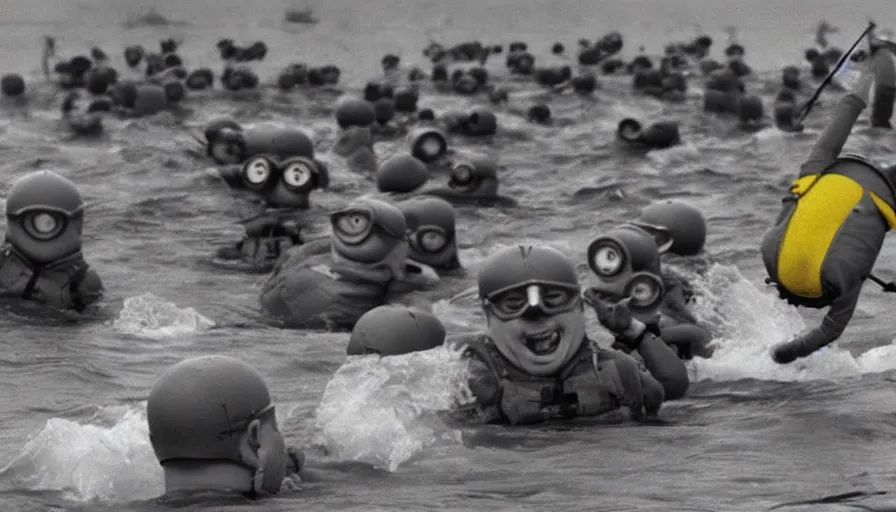 Prompt: “minions jumping out of boat into water on D-Day, 4k, cinematic, award winning”