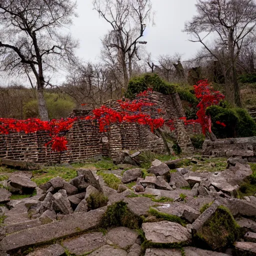 Image similar to the ruins of a village made out of stone, overgrown with red vines