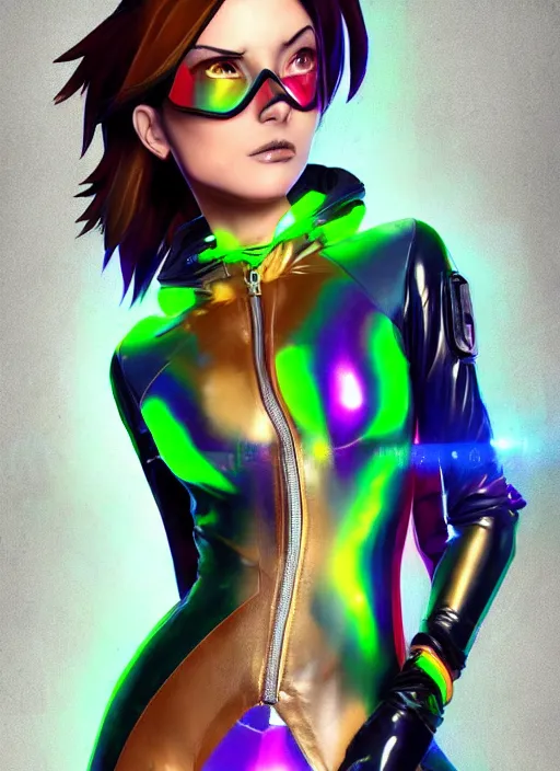 Image similar to portrait bust digital artwork of tracer overwatch, wearing iridescent rainbow latex and leather straps catsuit outfit, neon makeup, in style of mark arian, angel wings, wearing detailed leather collar, chains, black leather harness, detailed face and eyes,