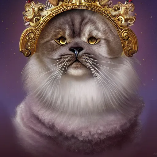 Image similar to an oil painting portrait of a long haired fluffy seal bicolor ragdoll cat wearing medieval royal robe and an ornate crown on a dark space background digital Art, concept Art, highly detailed, 3-D 4K, trending on art station, Mark Brooks,