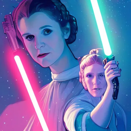 Image similar to Young Carrie Fisher as Princess Leia wielding a fuchsia light saber above her head while luke skywalker cowers holding onto her leg, ambient lighting, 4k, alphonse mucha, lois van baarle, ilya kuvshinov, rossdraws, artstation