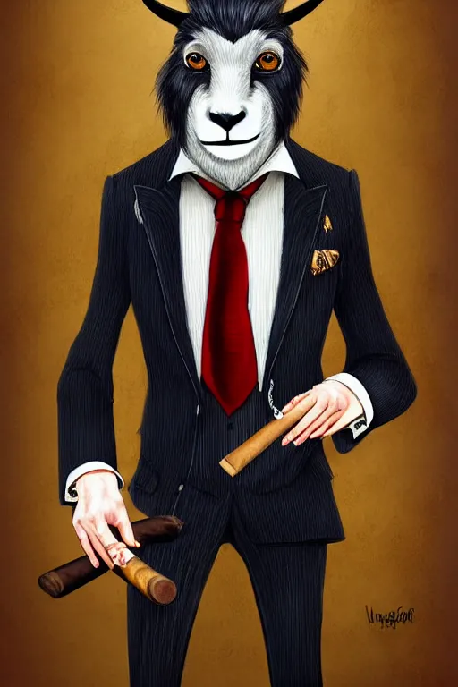 Prompt: beautiful portrait commission of a male furry anthro mountain goat wearing a pinstripe suit and waistcoat and smoking a cigar, award-winning, detailed, trending on artstation