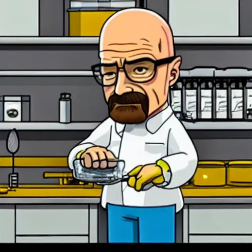 Prompt: walter white cooking meth in a laboratory in the style of the simpsons