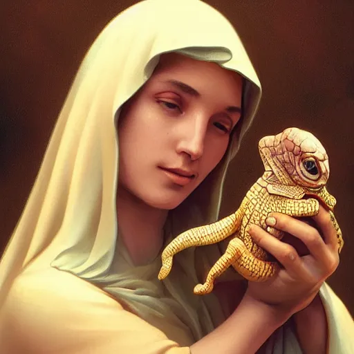 Image similar to surrealist close up illustration of the virgin mary holding a reptile, highly detailed, digital painting, concept art, smooth, sharp focus, illustration, absurd, humorous, photoshop, art by artgerm and greg rutkowski and alphonse mucha