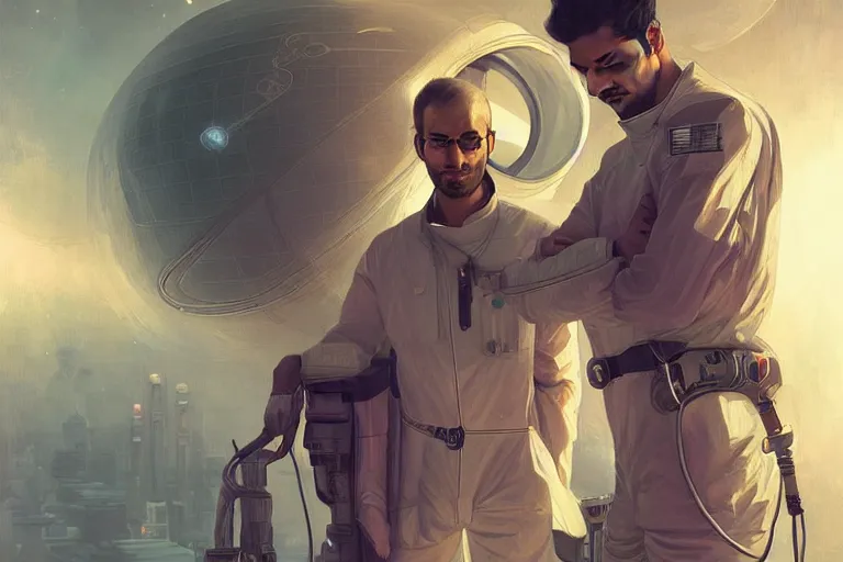 Image similar to Sensual good looking pale young Indian doctors wearing Deus Ex clothing in a space station above Earth, portrait, elegant, intricate, digital painting, artstation, concept art, smooth, sharp focus, illustration, art by artgerm and greg rutkowski and alphonse mucha