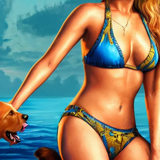 Image similar to highly detailed painting of jennifer lawrence wearing a bikini and her golden retriever dog, gta 5 cover art style, 8 k, radiant light, detailed and intricate environment, trending on artstation