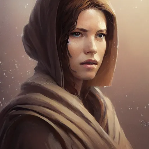 Image similar to portrait of a woman by greg rutkowski, jedi knight allana solo, straight brown hair, jedi robes, star wars expanded universe, she is about 2 0 years old, wearing jedi robes, highly detailed portrait, digital painting, artstation, concept art, smooth, sharp foccus ilustration, artstation hq