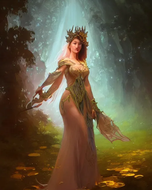 Image similar to a portrait of beautiful fairy goddness fly high in the night, d & d, fantasy, mist, full moon in background, trees, hyper detailed,, midium shot, an oil painting by ruan jia, trending on artstation, concept art, sharp focus, illustration, gaston bussiere, craig mullins, j. c. leyendecker, beautiful lighting