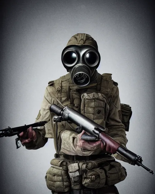 Prompt: photorealistic portrait of a soldier, wearing a photorealistic gas mask, holding a photorealistic sniper rifle, hd, sharp focus, illustration, studio light, trending on artstation