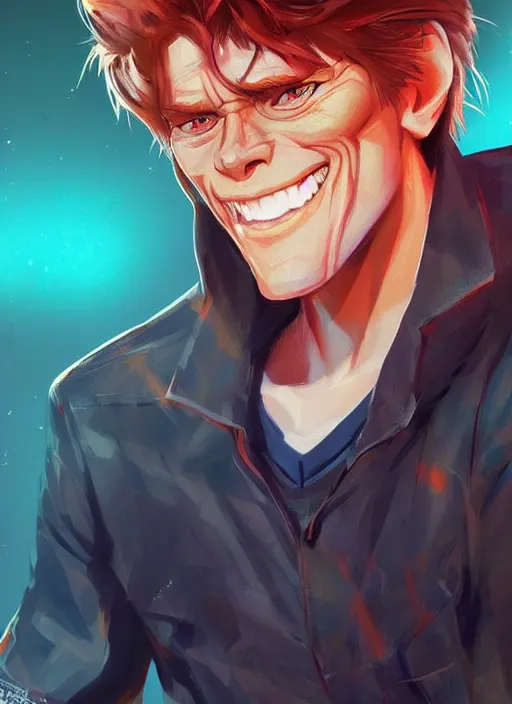 Image similar to young anime willem dafoe portrait illustrated by rossdraws, vivid colors, soft lighting, digital artwork 4 k, best of artstation