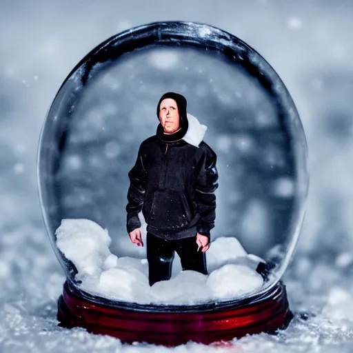 Prompt: eminem trapped inside of a snow globe, trending on artstation, 5 0 mm camera