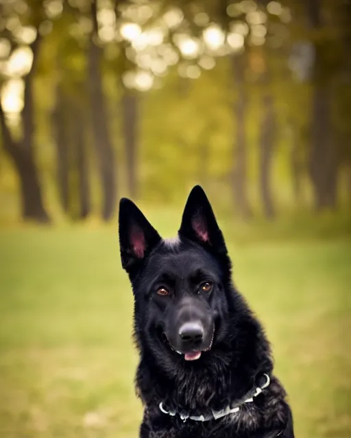 Prompt: An extremely dynamic studio photo of a black German Shepherd dog, bokeh, 90mm, f/1.4