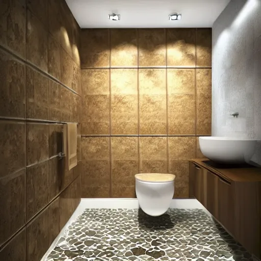 Prompt: award-winning wall hung toilet deco catalog photo, tiled walls with slightly rusty looking hexagonal tiles