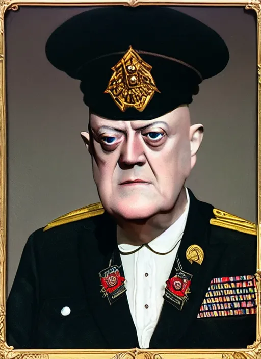 Image similar to highly detailed closeup portrait of aleister crowley wearing a general's uniform, unreal engine, nicoletta ceccoli, mark ryden, earl norem, lostfish, hyung tae, frank frazetta, global illumination, detailed and intricate environment