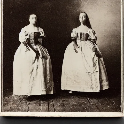 Prompt: two house servants, chambermaid sisters, horror, 1700s, class warfare, historic photograph
