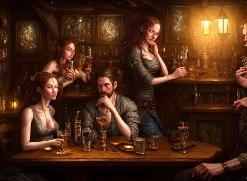 Prompt: a beautiful classy drinking couple, dimly-lit cozy tavern, relaxed pose, fantasy art, detailed painterly digital art style by Arthur Adams, d&d vibe, 🍸, 8k octane beautifully detailed render, post-processing, extremely hyperdetailed, intricate, epic composition, grim yet sparkling atmosphere, cinematic lighting + masterpiece, trending on artstation, very detailed, vibrant colors