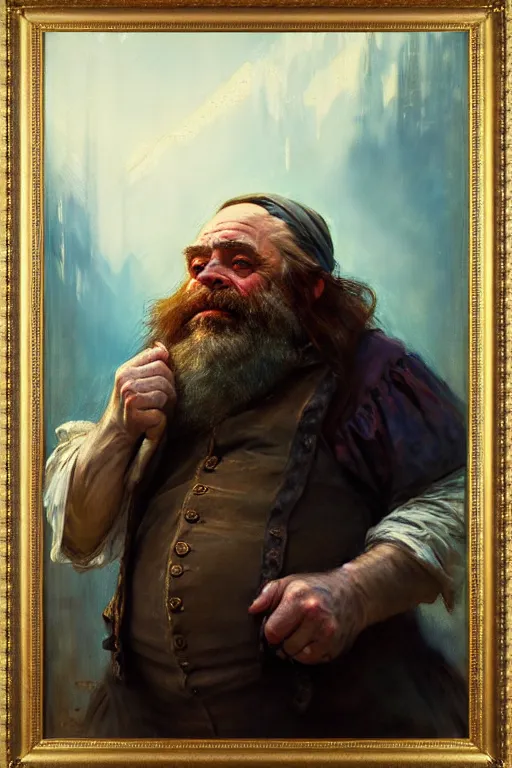 Prompt: soft colorsphotograph imax and solomon joseph solomon and richard schmid and jeremy lipking victorian loose genre loose painting full length portrait painting of grumpy the dwarf disney