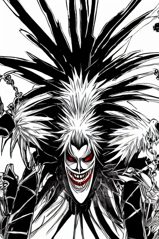 Image similar to the shinigami ryuk, highly detailed, digital art, sharp focus, trending on art station, death note, anime art style