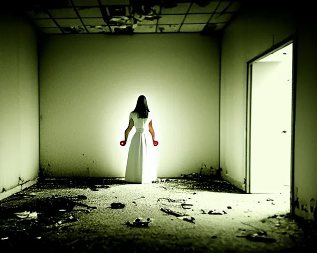 Image similar to creepy woman wearing white dress standing in the backrooms, psychological horror, the eerie forlorn atmosphere of a place that's usually bustling with people but is now abandoned and quiet, buzzing fluorescent lights above the ceiling, unsettling images, liminal space, dark