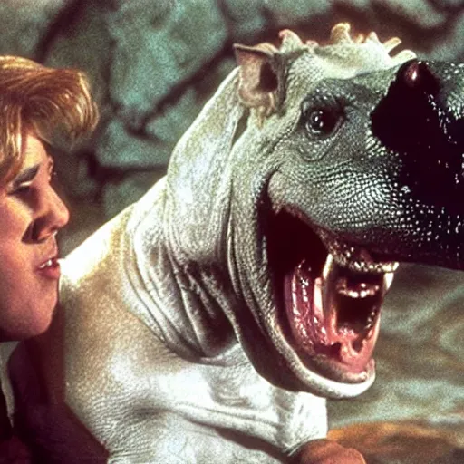 Image similar to falcor from the never ending story, eating a hippopotamus