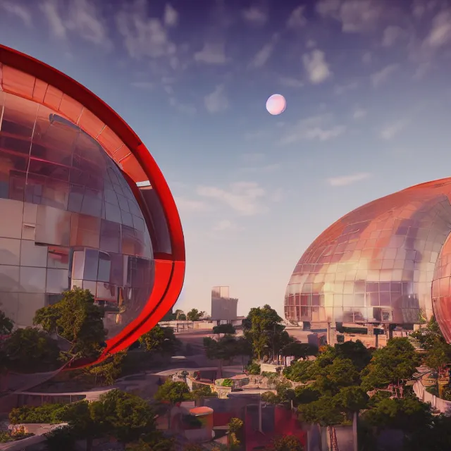 Image similar to futuristic white square building city with circle shaped windows, red colored hills in the background, night lighting, round windows, futuristic cinematic, volumetric, realistic, cinematic lighting, ray tracing, unreal engine 5, octane render, hyper realistic, 8 k