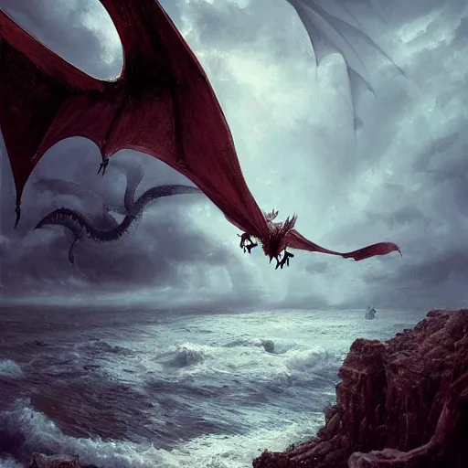 Prompt: dragon, huge wings, scary weather, stormy, ocean, exudes terror ， island ， castle ， vine, spitfire, photography, hyperrealistic, by greg rutkowski, smooth, illustration, elegant, artstation, digital painting.