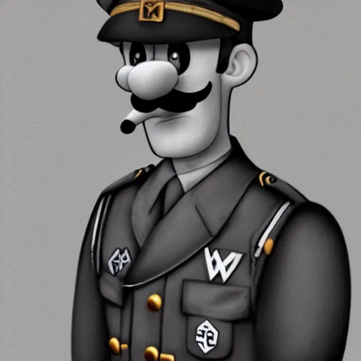 Image similar to waluigi as a nazi soldier during ww2, realistic, detailed, gloomy, elegant, uniform, strict, realistic, concept art, smooth, sharp focus, intricate details, 4K
