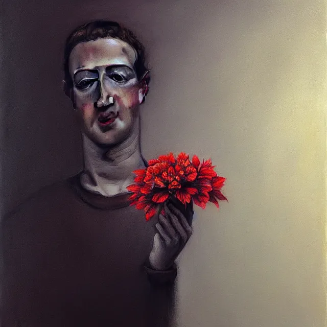 Image similar to mark zuckerberg holding a flower by Zdzisław Beksiński, trending on artstation, realistic, detailed, concept art, horror, illustration, oil painting