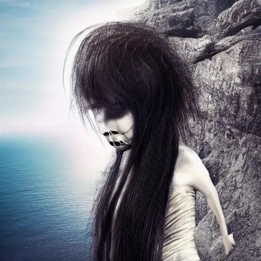 Prompt: A beautiful computer art of a human-like creature with long, stringy hair. The figure has no eyes, only a mouth with long, sharp teeth. The creature is standing on a cliff overlooking a dark, foreboding sea. by Bella Kotak ornamented