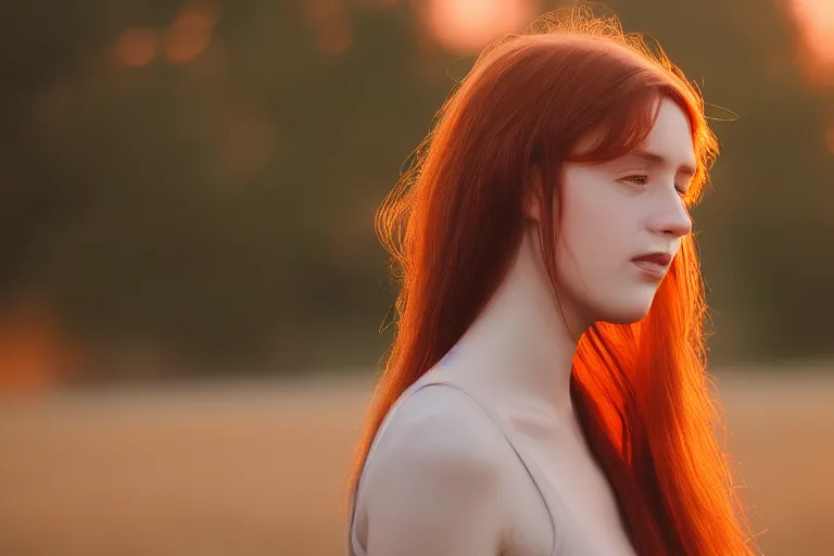 Prompt: picture of woman in the sunset, long hair, red head, golden hour, high depth of field, zoom, 4 k