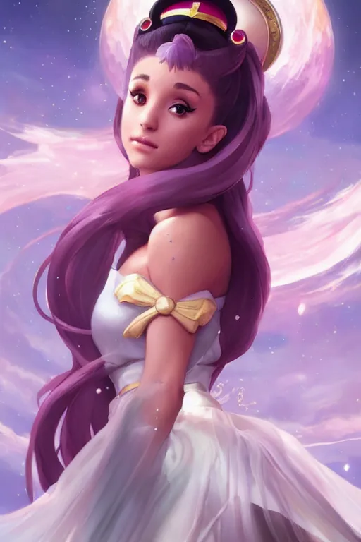 Prompt: ariana grande as sailor moon, fantasy, intricate, elegant, highly detailed, digital painting, artstation, concept art, matte, sharp focus, illustration, art by Artgerm and Greg Rutkowski and Alphonse Mucha