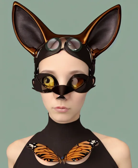 Prompt: cat ears, woman eyes, alien antennas, dog nose, falcon's beak, cyborg neck, butterfly wings, elephant legs, fox tail, ant body, in full growth, realistic, steampunk