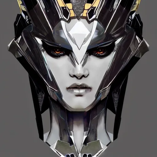 Prompt: a female transformer with a crown, black eyes, very symmetrical face, highly detailed, widow maker, by vitaly bulgarov, by yoji shinkawa, by joss nizzi, by ben procter, by steve jung, metal gear solid, transformers cinematic universe, artstation, unreal engine