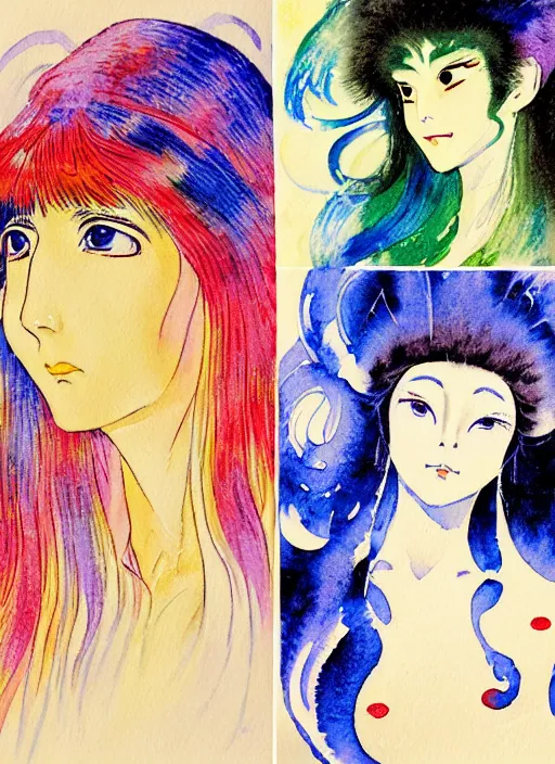 Prompt: vintage 7 0 s anime watercolor by makoto maruyama, a portrait of a lady with colorful face - paint enshrouded in an impressionist watercolor, representation of mystic crystalline fractals in the background by william holman hunt, art by cicley mary barker, thick impressionist watercolor brush strokes, portrait painting by daniel garber, minimalist simple pen and watercolor