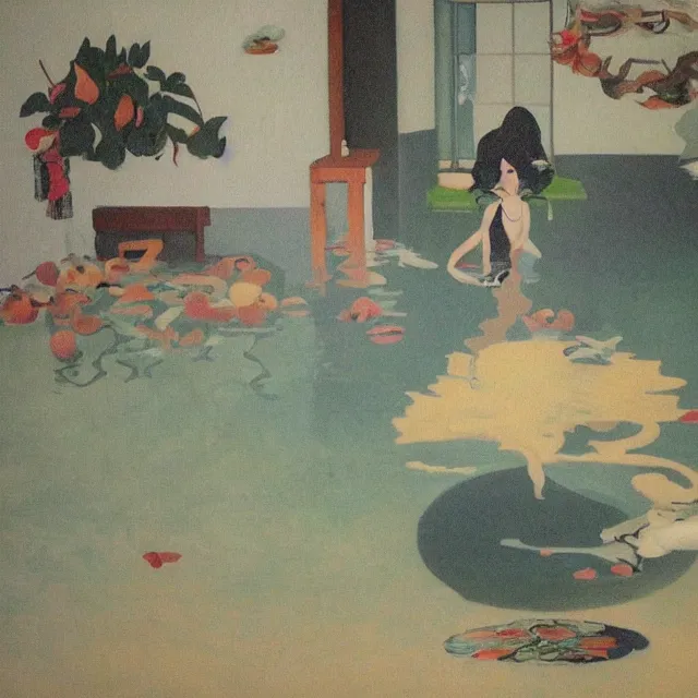 Image similar to tall female emo vegan socialist artist in their flooded apartment, painting of flood waters inside an artist's home, a river flooding indoors, pomegranates, pigs, ikebana, zen, water, octopus, river, rapids, waterfall, black swans, canoe, berries, acrylic on canvas, surrealist, by magritte and monet